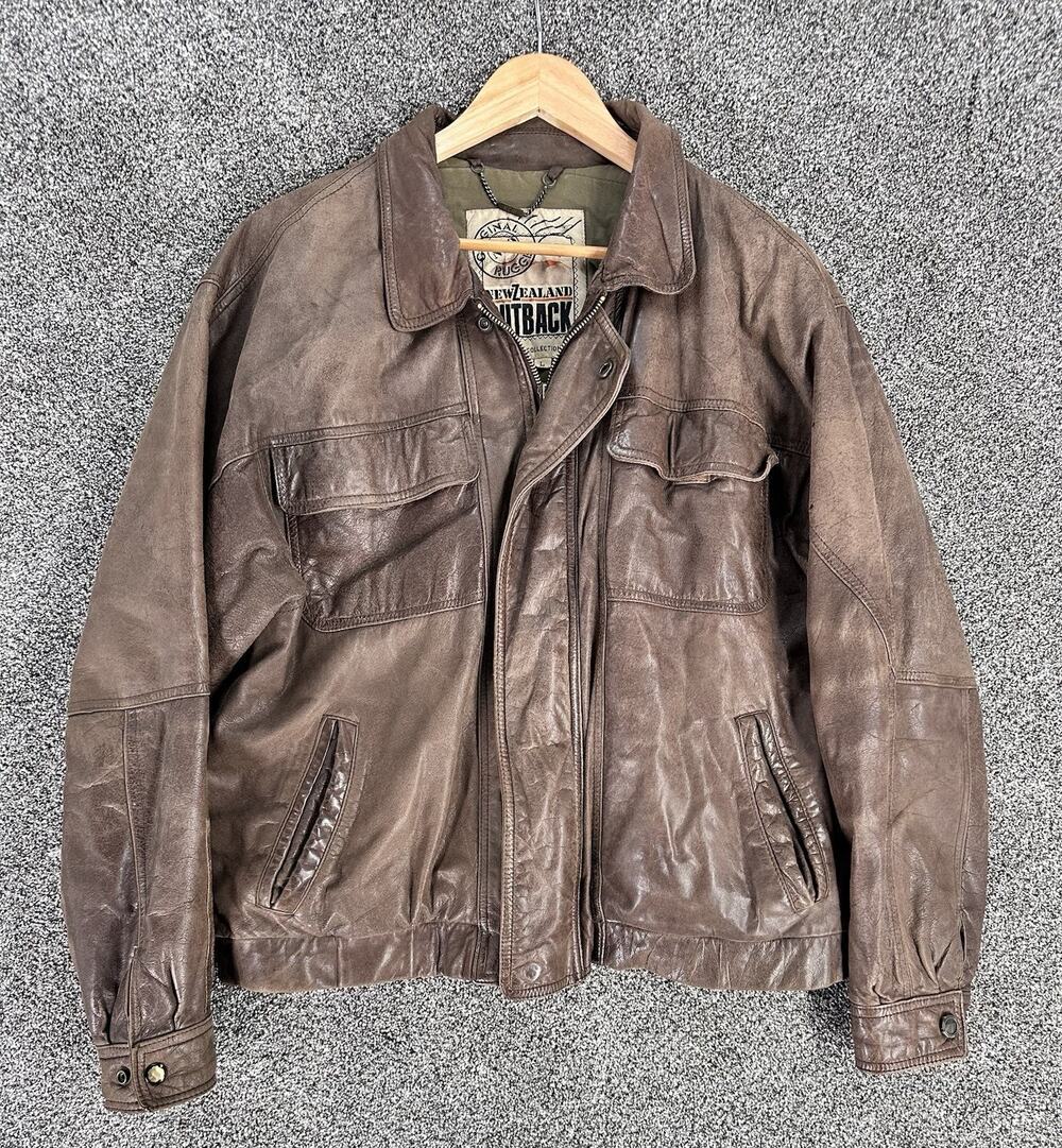 New Zealand Outback Leather Jacket Mens L Brown Bomber Rugged Gorpcore Vintage